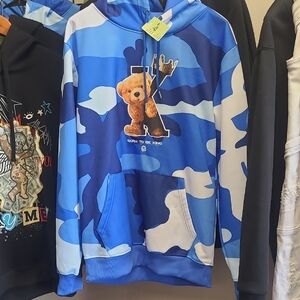 Blue Camouflage Hoodie with Teddy Bear Graphic
